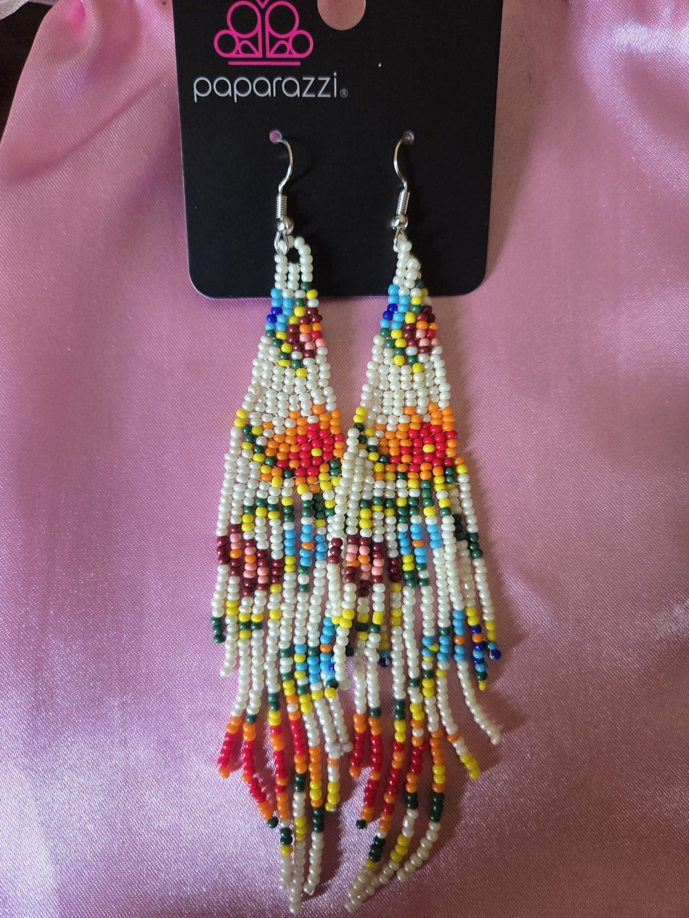 paparazzi White Multi-Color Beaded Fringe Earrings